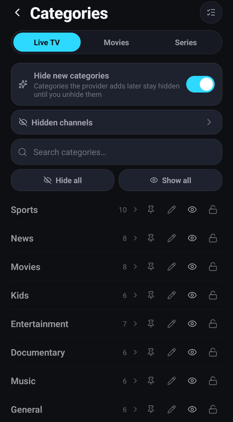 The Categories settings screen on a phone