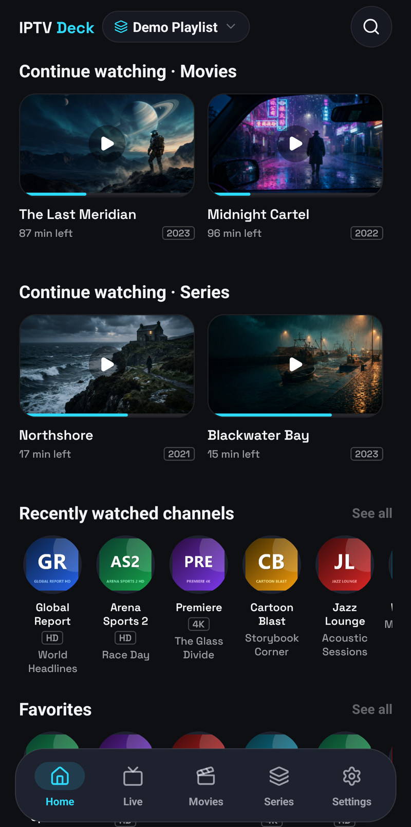 The IPTV Deck home screen on a phone