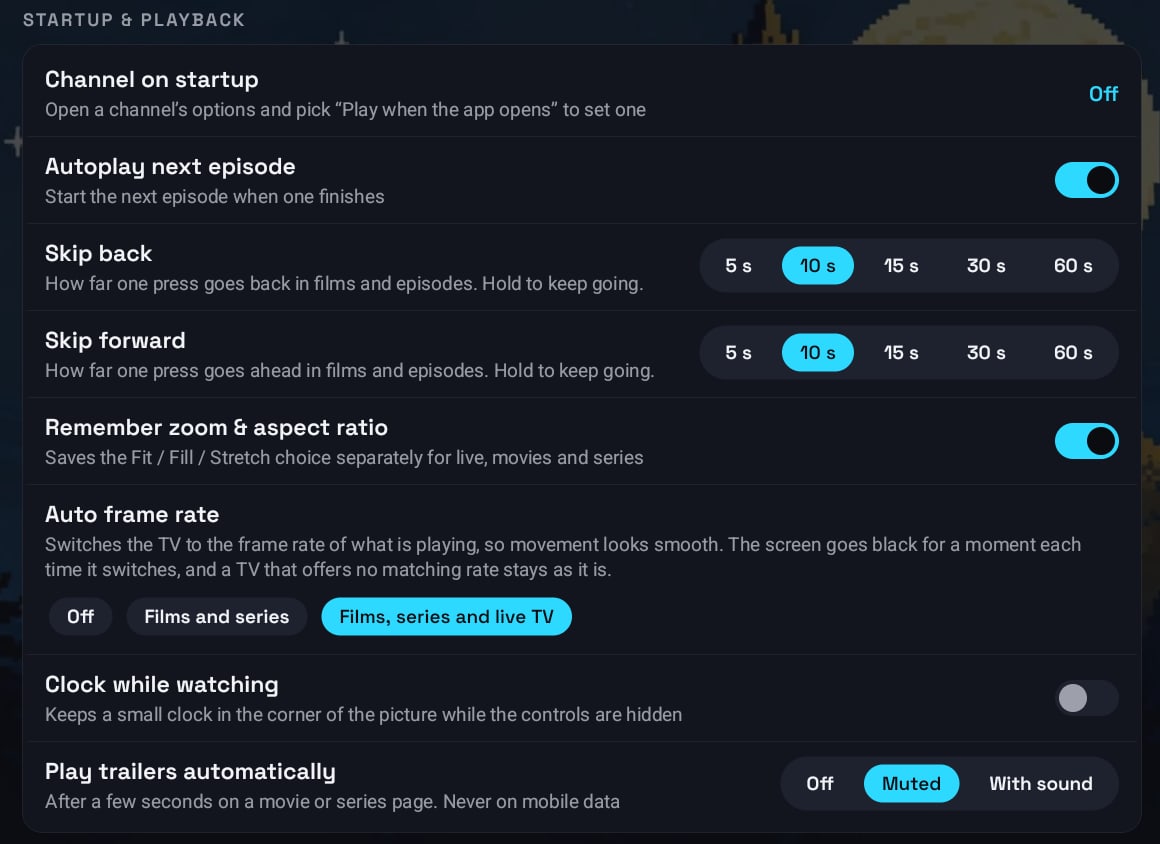 Auto frame rate and Play trailers automatically in the Player settings on a TV