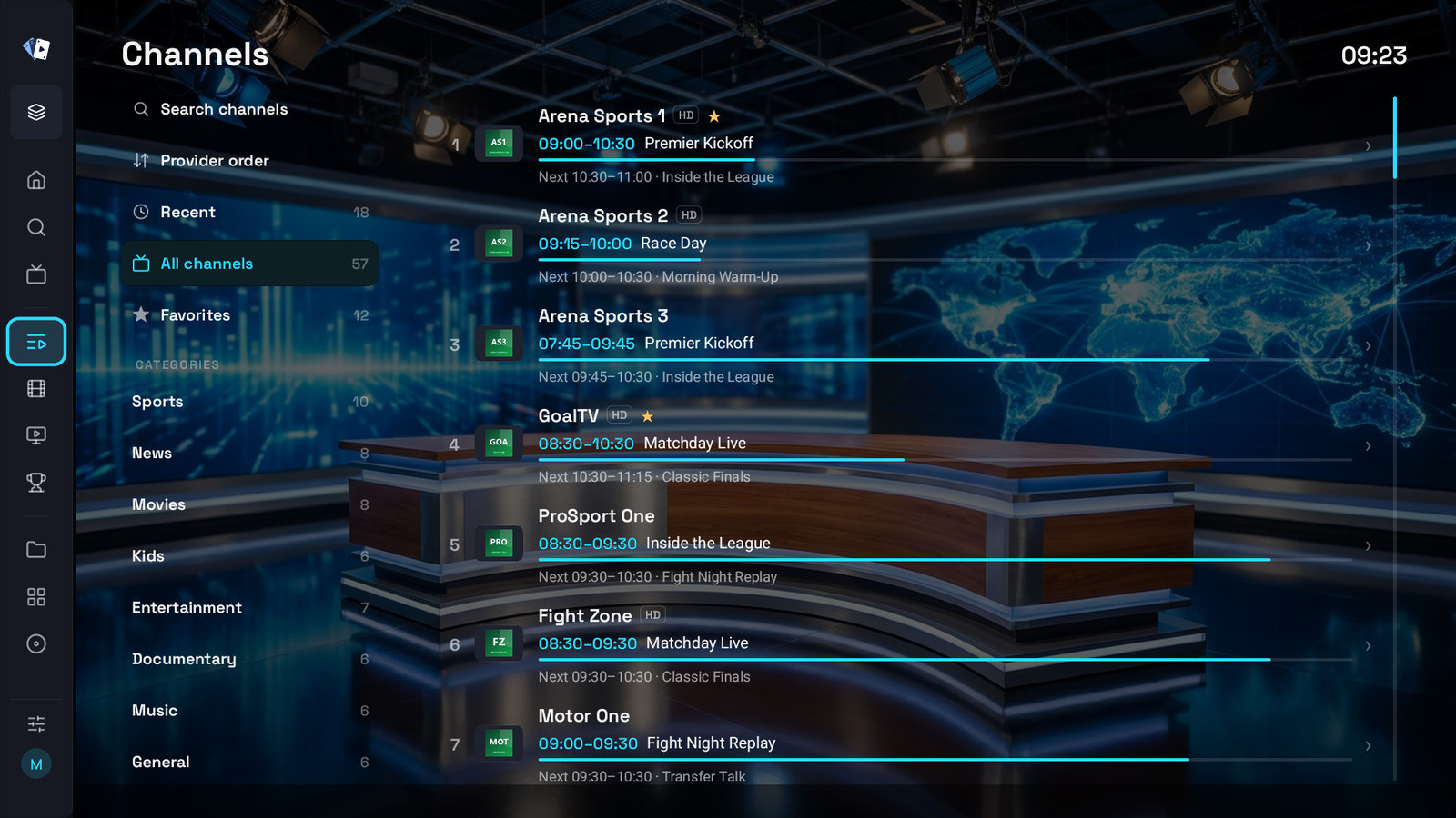 The channel list on a television with a category column