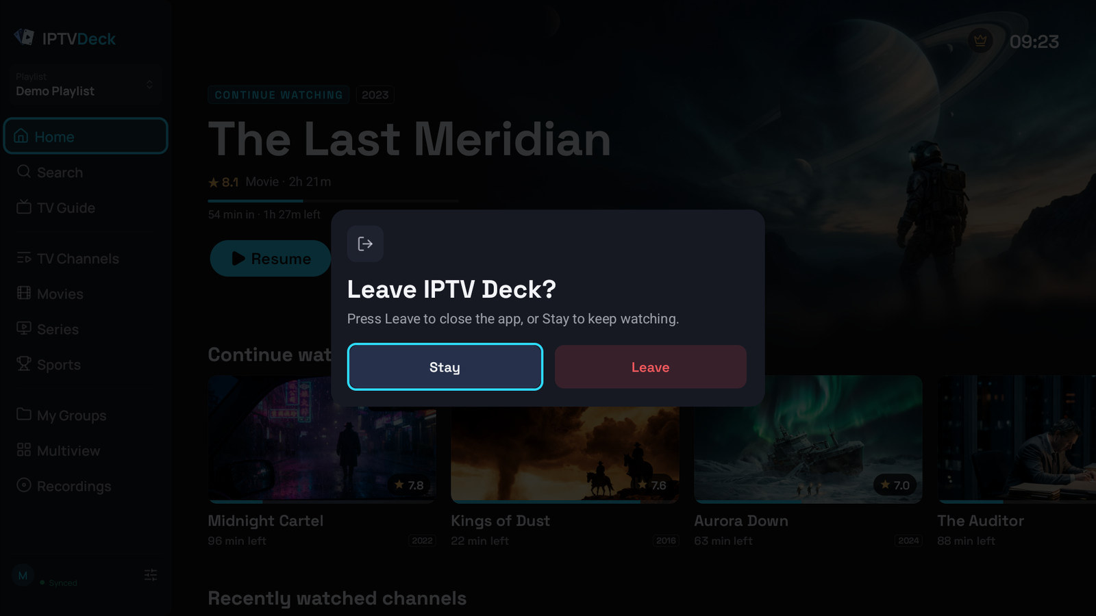 The Leave IPTV Deck dialog on a television