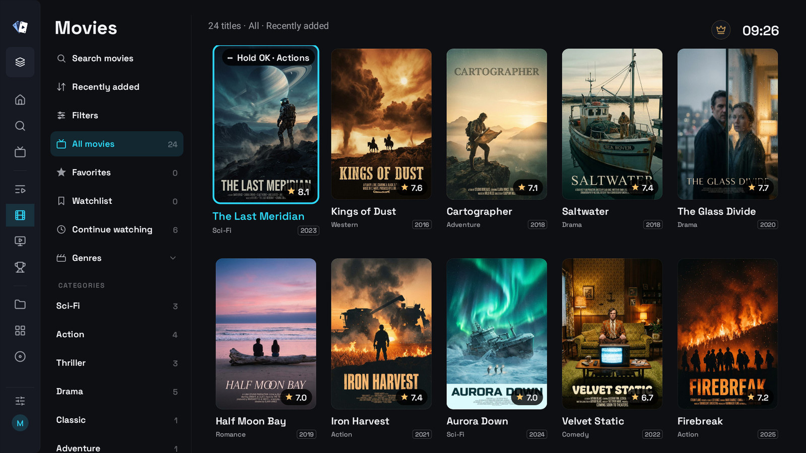 Movies on a television, with the side menu folded to icons and the category column on the left of the posters