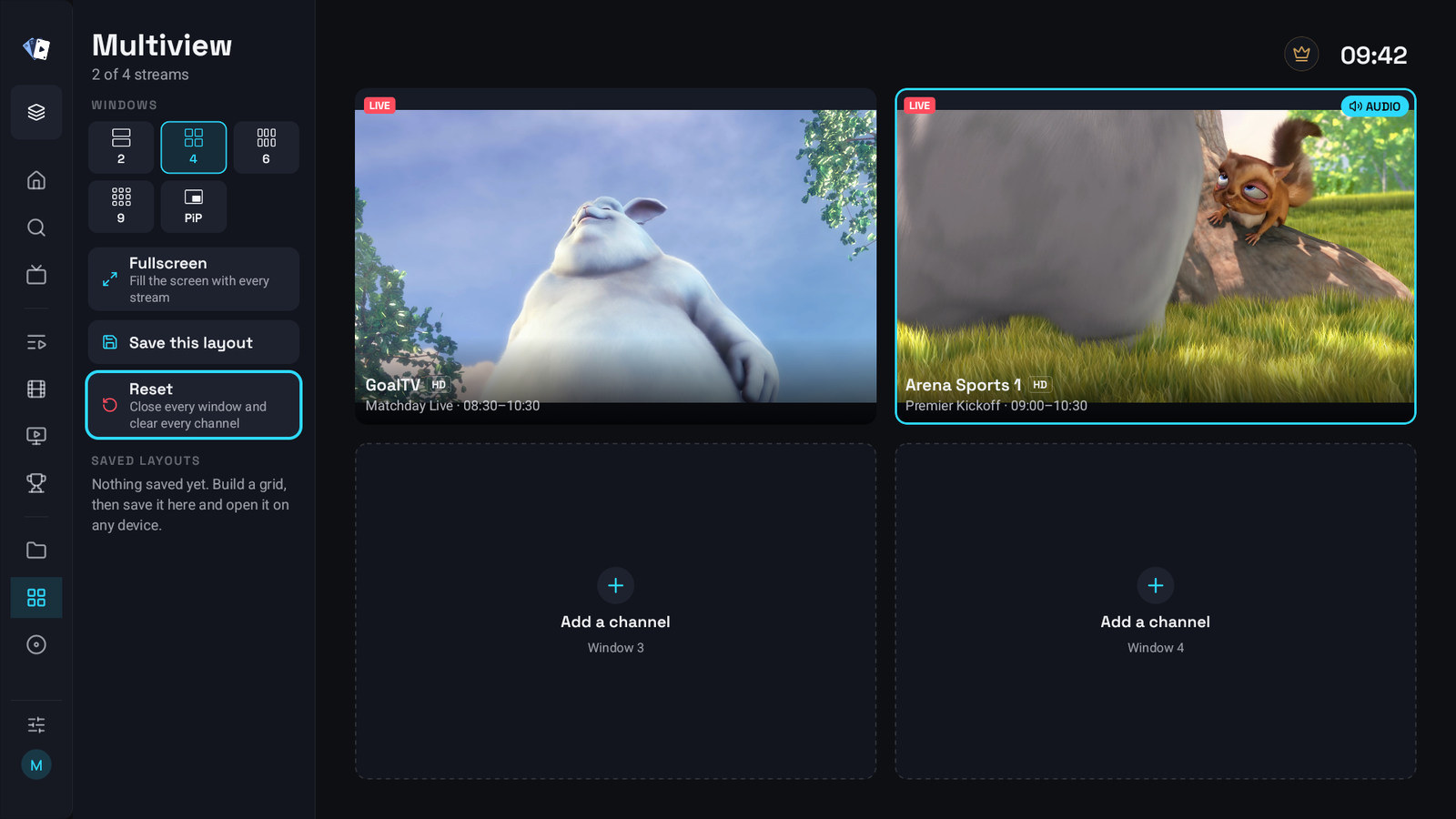 Multiview on a television with two channels and two empty windows