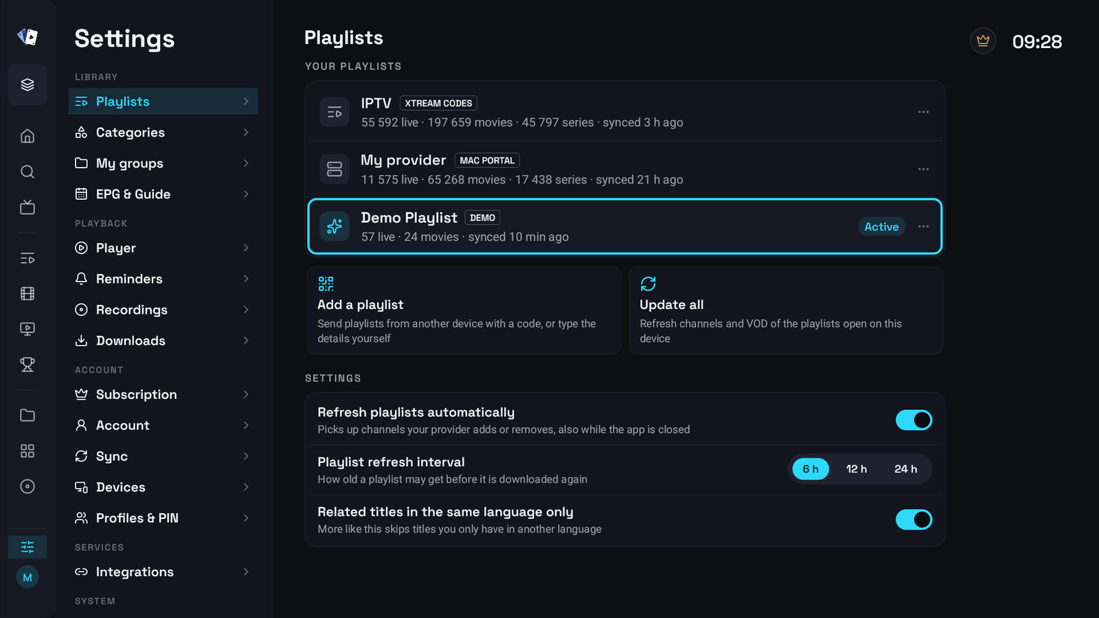 Settings on a television, showing the Playlists section