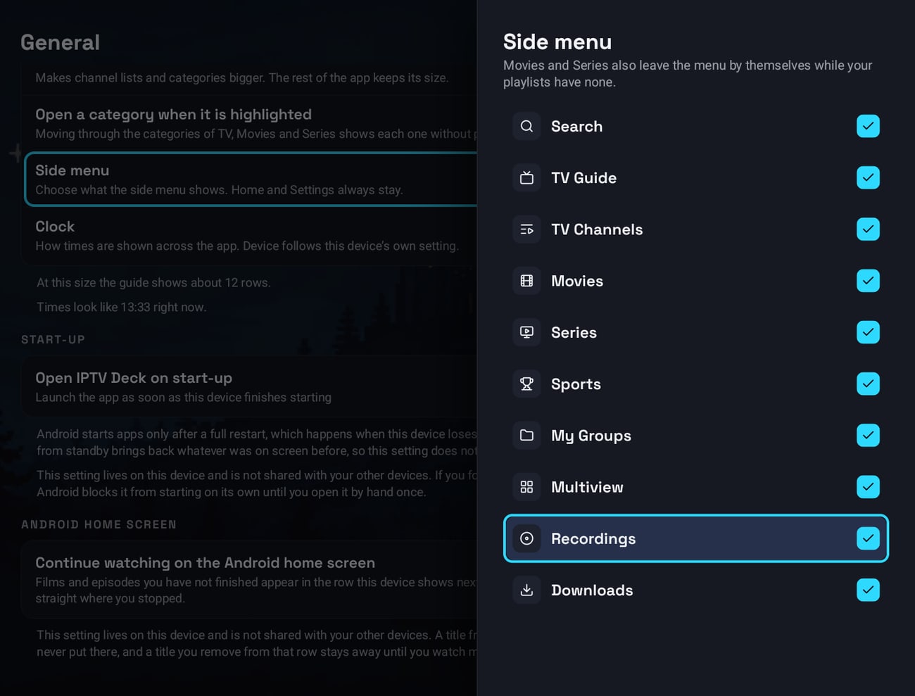 The Side menu panel of the General settings on a TV, with a tick for each item of the menu