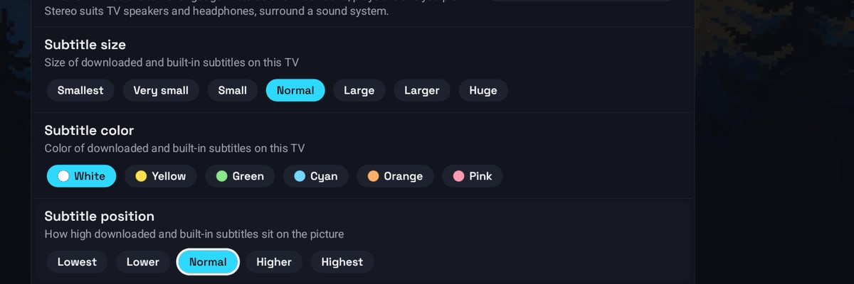 Subtitle size, colour and position in the Player settings on a TV