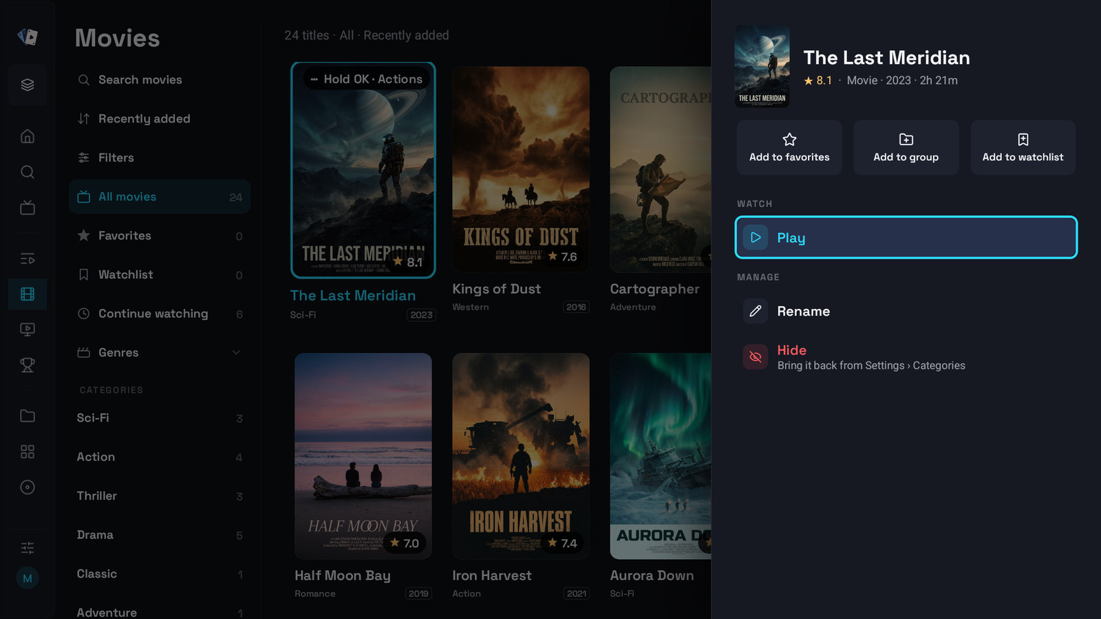 The options sheet of a film on a television