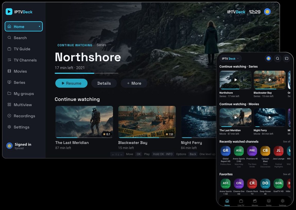 IPTV Deck running side by side on a television and a phone